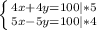 \left \{ {{4x + 4y = 100 | *5} \atop {5x - 5y = 100 | *4}} \right.