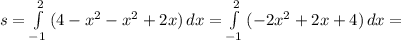 s= \int\limits^2_{-1} {(4-x^2-x^2+2x)} \, dx= \int\limits^2_{-1} {(-2x^2+2x+4)} \, dx=