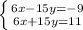 \left \{ {{6x-15y=-9} \atop {6x+15y=11}} \right.