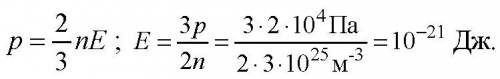 При давлении 200 кпа концентрация молекул идеального газа в некотором сосуде равна 3*10^25 м^-3. опр