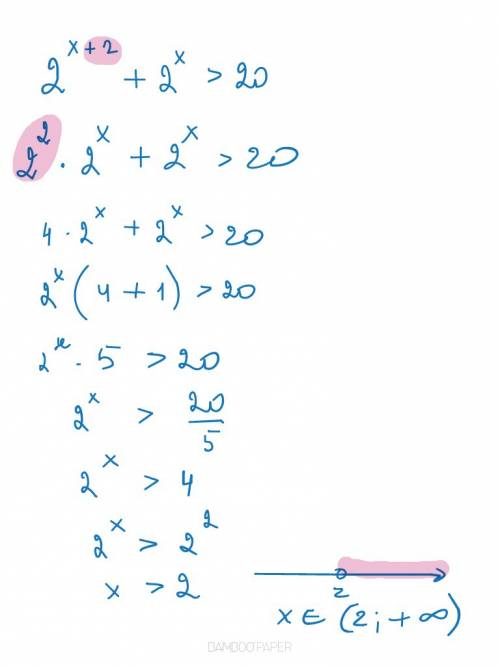 Как решить это простейшее показательное неравенство 2^х+2+2^х> 20