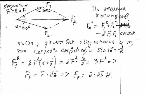 На материальную точку действуют две силы f1=2н и f2=2н, направленные под углом 60град. друг к другу.