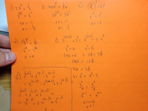 Решить уравнение 1) 27^x = 1/3 2) 400^x = 1/20 3) (1/5)^x = 25 4) (1/3)^x =1/81 5) 3^(x+3)+3^x = 7^(