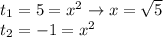 t_1=5=x^2\to x=\sqrt{5}\\t_2=-1=x^2