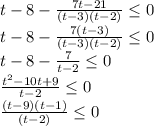 t-8- \frac{7t-21}{(t-3)(t-2)} \leq 0 \\ &#10;t-8- \frac{7(t-3)}{(t-3)(t-2)} \leq 0 \\ &#10;t-8- \frac{7}{t-2} \leq 0 \\ &#10; \frac{t^2-10t+9}{t-2} \leq 0 \\ &#10; \frac{(t-9)(t-1)}{(t-2)} \leq 0&#10;&#10;