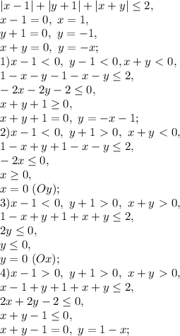 |x-1|+|y+1|+|x+y| \leq 2, \\ x-1=0, \ x=1, \\ y+1=0, \ y=-1, \\ x+y=0, \ y=-x; \\ 1) x-1\ \textless \ 0, \ y-1\ \textless \ 0, x+y\ \textless \ 0, \\ 1-x-y-1-x-y \leq 2, \\ -2x-2y-2 \leq 0, \\ x+y+1 \geq 0, \\ x+y+1 = 0, \ y=-x-1; \\ 2)x-1\ \textless \ 0, \ y+1\ \textgreater \ 0, \ x+y\ \textless \ 0, \\ 1-x+y+1-x-y \leq 2, \\ -2x \leq 0, \\ x \geq 0, \\ x=0 \ (Oy); \\ 3) x-1\ \textless \ 0, \ y+1\ \textgreater \ 0, \ x+y\ \textgreater \ 0, \\ 1-x+y+1+x+y \leq 2, \\ 2y \leq 0, \\ y \leq 0, \\ y=0 \ (Ox); \\ 4) x-1\ \textgreater \ 0, \ y+1\ \textgreater \ 0, \ x+y\ \textgreater \ 0, \\ x-1+y+1+x+y \leq 2, \\ 2x+2y-2 \leq 0, \\ x+y-1 \leq 0, \\ x+y-1=0, \ y=1-x; \\