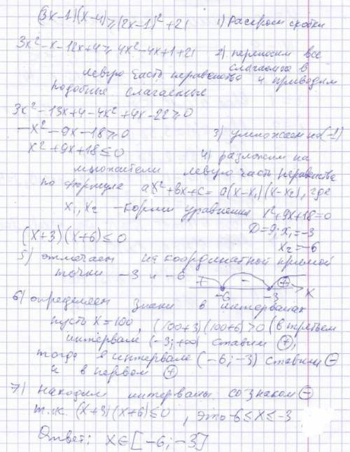 Решить неравенство : (3x-1)(x-4)≥(2x-1)²+21 заранее .