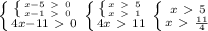 \left\{{{\left\{{{x-5\ \textgreater \ 0}\atop{x-1\ \textgreater \ 0}}\right}\atop{4x-11\ \textgreater \ 0}}\right.\left\{{{\left\{{{x\ \textgreater \ 5}\atop{x\ \textgreater \ 1}}\right}\atop{4x\ \textgreater \ 11}}\right.\left\{{{x\ \textgreater \ 5}\atop{x\ \textgreater \ \frac{11}{4}}}\right.