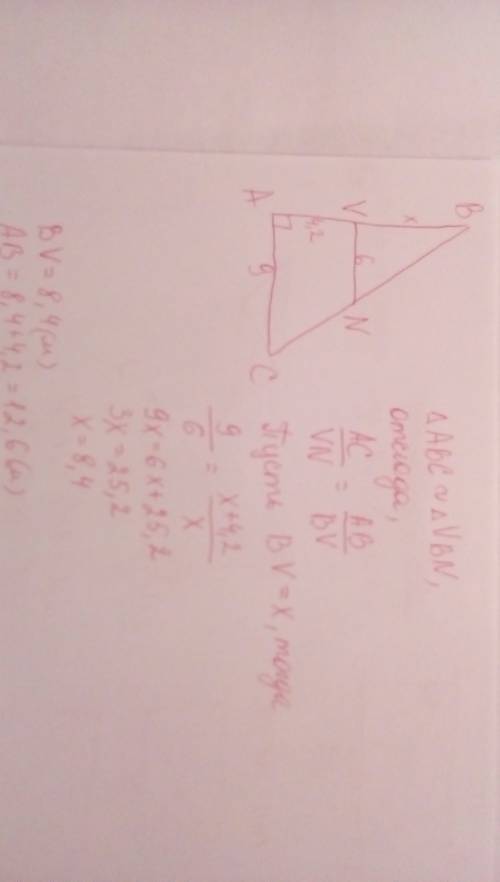 Впрямоугольном треугольнике abc проведена прямая vn параллельная основанию ac. точка v лежит на стор