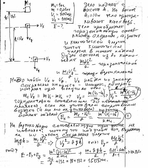 Тело массой 1 кг падает с высоты 13,2 м. на высоте 10 м тело насквозь простреливается горизонтально