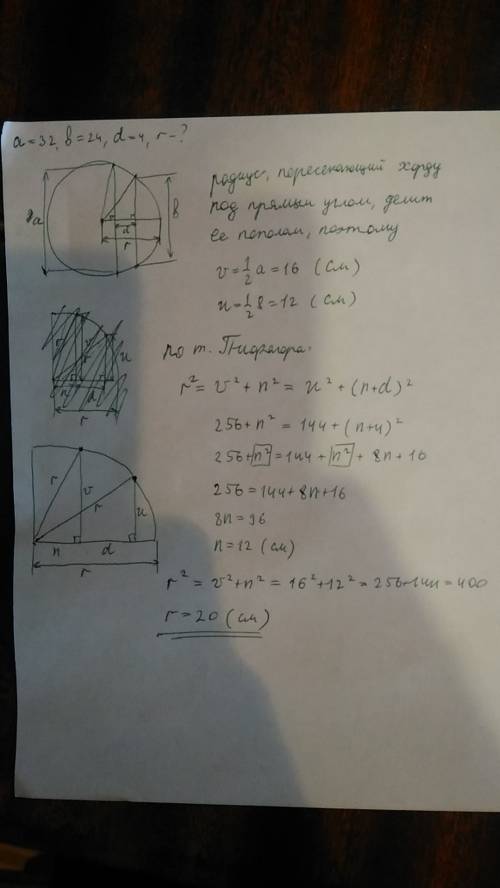 По одну сторону от центра круга проведено 2 параллельные хорды , одна 24 см. , а вторая 32 см. , рас