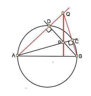Точки c и d лежат на окружности с диаметром ab. прямые ac и bd пересекаются в точке p, а прямые ad и
