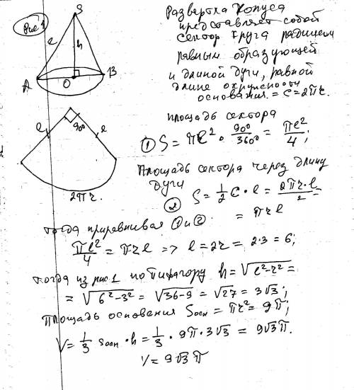 Радиус основания конуса равен 3, а угол развертки его боковой поверхности равен 90 гр. найти объема