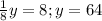 \frac{1}{8} y=8;y=64