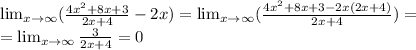 \lim_{x \to \infty}(\frac{4x^2+8x+3}{2x+4}-2x)= \lim_{x \to \infty}(\frac{4x^2+8x+3-2x(2x+4)}{2x+4})= \\ &#10;= \lim_{x \to \infty} \frac{3}{2x+4} =0