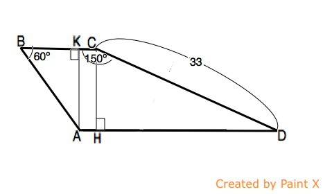 Найдите боковую сторону аб трапеции абсд, если углы abc и bcd равны соответственно 60 и 150, а cd=33