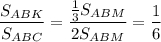 \dfrac{S_{ABK}}{S_{ABC}} = \dfrac{\frac{1}{3} S_{ABM}}{2S_{ABM}} = \dfrac{1}{6}