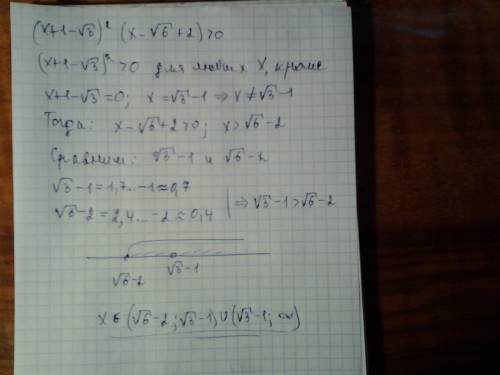 Решите неравенство (х+1-√3)² *(х-√6+2)> 0 (распишите подробно)