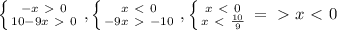 \left \{ {{-x\ \textgreater \ 0} \atop {10-9x\ \textgreater \ 0}} \right. , \left \{ {{x\ \textless \ 0} \atop {-9x\ \textgreater \ -10}} \right. , \left \{ {{x\ \textless \ 0} \atop {x\ \textless \ \frac{10}{9} }} \right. =\ \textgreater \ x\ \textless \ 0