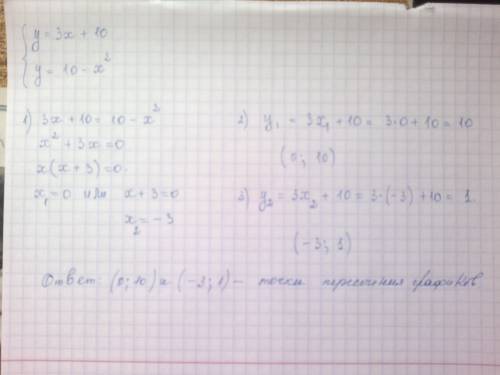 Решить систему уравнений: [y=3x+10 [y=10-x²