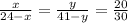 \frac{x}{24-x} = \frac{y}{41-y} = \frac{20}{30}