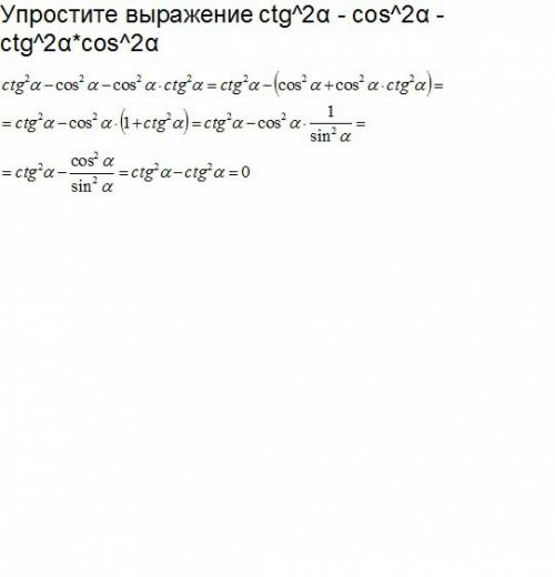 Выражение ctg^2α - cos^2α - ctg^2α*cos^2α