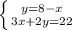 \left \{ {{y=8-x} \atop {3x+2y=22}} \right.