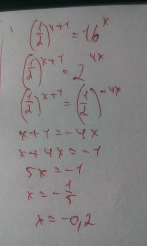 Решить 1. (1/2)^x+1 = 16^x 2. √5x = √x^2 - 24