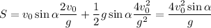 S=v_0\sin\alpha\dfrac{2v_0}{g}+\dfrac 12 g\sin\alpha\dfrac{4v_0^2}{g^2}=\dfrac{4v_0^2\sin\alpha}{g}