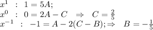 x^1\,\,\,:\,\,\, 1=5A;\\x^0\,\,\,:\,\,\, 0=2A-C\,\,\,\,\Rightarrow\,\,\,\,C= \frac{2}{5} \\ x^{-1}\,\,\,:\,\,\, -1=A-2(C-B);\Rightarrow\,\,\,\,B=- \frac{1}{5}