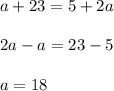 a+23=5+2a \\ \\ 2a-a=23-5 \\ \\ a=18