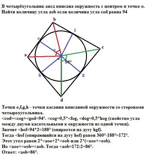:в четырёхугольник авсд вписана окружность с центром в точке о найти величину угла aob если величина