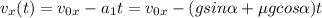 \displaystyle v_x(t)=v_{0x}-a_1t=v_{0x}-(gsin\alpha+\mu g cos\alpha )t