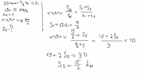 Тело 30 минут движется со скоростью 15 км/ч. изменив скорость оно движется еще 1 час. средняя скорос