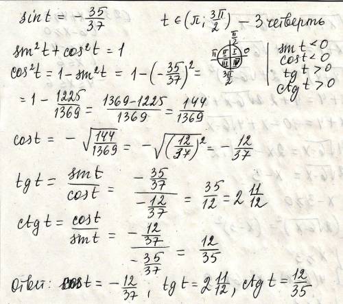 Sin t=-35/37, t принадлежит (п; 3п/2) объясните подробно, , как его решать((