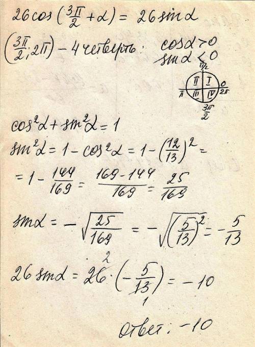 Найдите 26cos(3п/2+а)если cos а =12/13 и а принадлежит(3п/2; 2п)