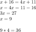 x+16=4x+11 \\ x-4x=11-16 \\ 3x=27 \\ x=9 \\ \\ 9*4=36