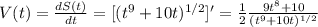 V(t)= \frac{dS(t)}{dt}=[(t^9+10t)^{1/2}]'= \frac{1}{2} \frac{9t^8+10}{(t^9+10t)^{1/2}}