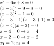 x^2-6x+8=0\\&#10;(x-3)^2-9+8=0\\&#10;(x-3)^2-1=0\\&#10;(x-3-1)(x-3+1)=0\\&#10;(x-4)(x-2)=0\\&#10;x-4=0\rightarrow x=4\\&#10;x-2=0\rightarrow x=2\\&#10;\underline{x_1=2;x_2=4}