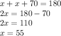 x+x+70=180\\&#10;2x=180-70\\&#10;2x=110\\&#10;x=55