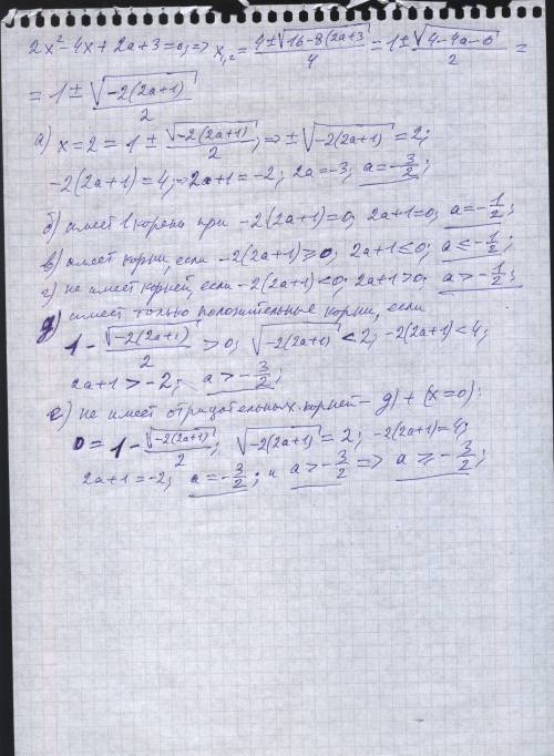 При каких значениях а уравнение 2х^2-4х+2а+3=0 a)имеет корень равный 2 б)имеет 1 корень в)имеет корн