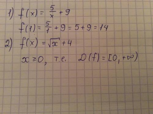 Решить,: 1) f(x)=5/x+9. найти f(1). 2) найти область визначення функции: f(x)=√x+4.