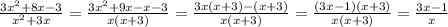 \frac{3x^2+8x-3}{x^2+3x} = \frac{3x^2+9x-x-3}{x(x+3)}= \frac{3x(x+3)-(x+3)}{x(x+3)}= \frac{(3x-1)(x+3)}{x(x+3)}= \frac{3x-1}{x}