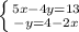 \left \{ {{5x-4y=13} \atop {-y=4-2x}} \right.