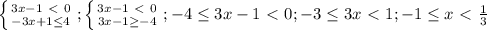 \left \{ {{3x-1 \ \textless \ 0} \atop {-3x+1 \leq 4}} \right. ; \left \{ {{3x-1 \ \textless \ 0} \atop {3x-1 \geq -4}} \right. ; -4\leq 3x-1 \ \textless \ 0; -3\leq 3x\ \textless \ 1; -1\leq x\ \textless \ \frac{1}{3}