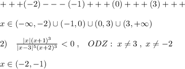 +++(-2)---(-1)+++(0)+++(3)+++\\\\x\in (-\infty ,-2)\cup (-1,0)\cup (0,3)\cup (3,+\infty )\\\\2)\quad \frac{|x|(x+1)^3}{|x-3|^5(x+2)^3} \ \textless \ 0\; ,\; \; \; ODZ:\; x\ne 3\; ,\; x\ne -2\\\\x\in (-2,-1)