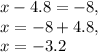 x-4.8=-8, \\ x=-8+4.8, \\ x=-3.2