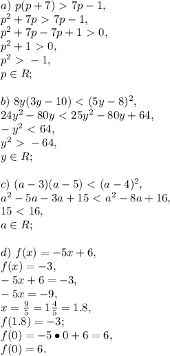 a)\ p(p+7)\ \textgreater \ 7p-1,\\p^2+7p\ \textgreater \ 7p-1,\\p^2+7p-7p+1\ \textgreater \ 0,\\p^2+1\ \textgreater \ 0,\\p^2\ \textgreater \ -1,\\p\in \mathh {R};\\\\b)\ 8y(3y-10)\ \textless \ (5y-8)^2,\\24y^2-80y\ \textless \ 25y^2-80y+64,\\-y^2\ \textless \ 64,\\y^2\ \textgreater \ -64,\\y\in \mathh {R};\\\\c)\ (a-3)(a-5)\ \textless \ (a-4)^2,\\a^2-5a-3a+15\ \textless \ a^2-8a+16,\\15\ \textless \ 16,\\a\in \mathh {R};\\\\d)\ f(x)=-5x+6,\\f(x)=-3,\\-5x+6=-3,\\-5x=-9,\\x=\frac{9}{5}=1\frac{4}{5}=1.8,\\f(1.8)=-3;\\f(0)=-5\bullet0+6=6,\\f(0)=6.