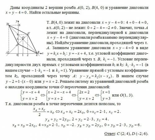 Даны координаты 2 вершин ромба a(0,2) b(4,0) и уравнение диагонали x+y-4=0. найти остальные вершины.