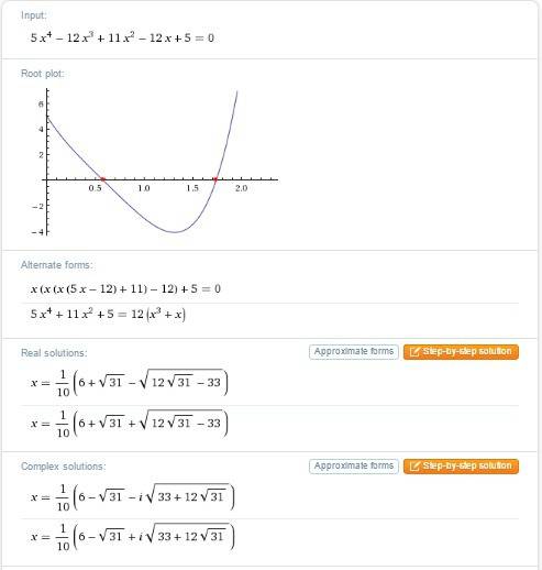 5x^4-12x^3+11x^2-12x+5=0 при каких значениях параметра а уравнение 4x^2-ax+a-3=0 имеет только один к